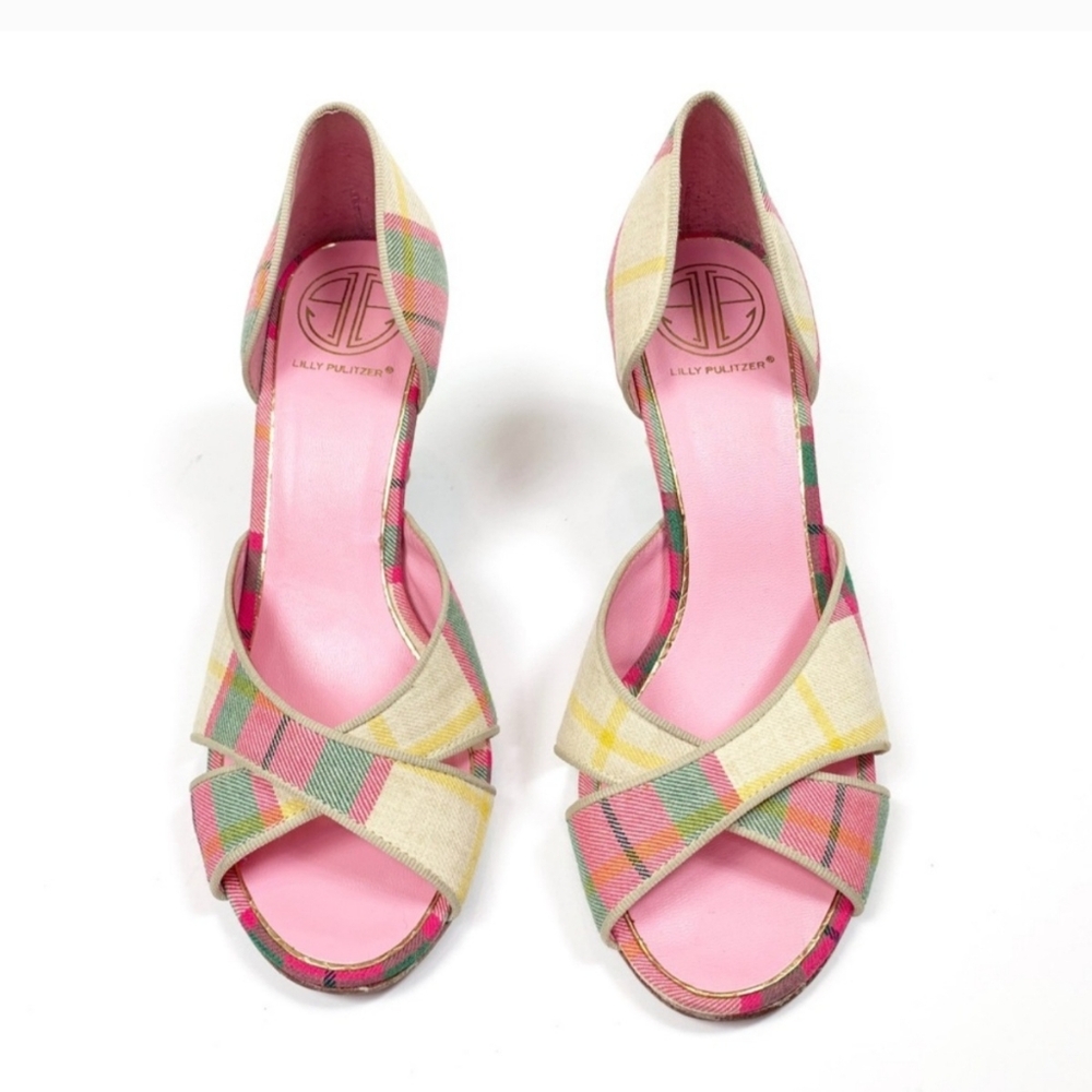 Lilly Pulitzer Cross Your Fingers Heel in Cocktail Pink Palm Beach Prep Plaid 6